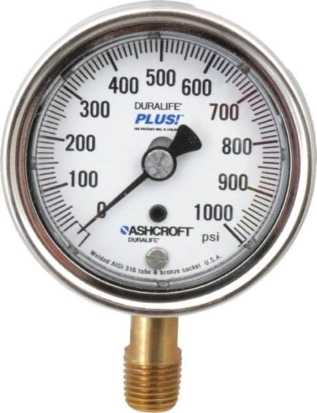Ashcroft - 2-1/2" Dial, 1/4 Thread, 0-1,000 Scale Range, Pressure Gauge - Lower Connection Mount, Accurate to 1% of Scale - Americas Industrial Supply