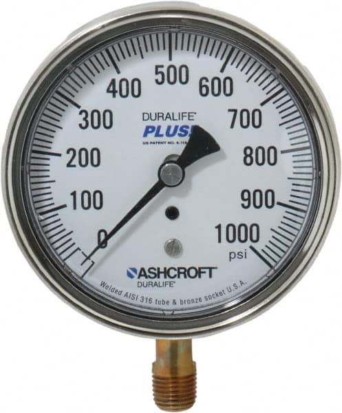 Ashcroft - 3-1/2" Dial, 1/4 Thread, 0-1,000 Scale Range, Pressure Gauge - Lower Connection Mount, Accurate to 1% of Scale - Americas Industrial Supply