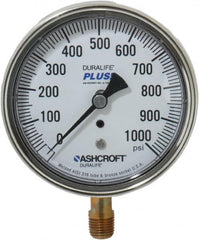 Ashcroft - 3-1/2" Dial, 1/4 Thread, 0-1,000 Scale Range, Pressure Gauge - Lower Connection Mount, Accurate to 1% of Scale - Americas Industrial Supply