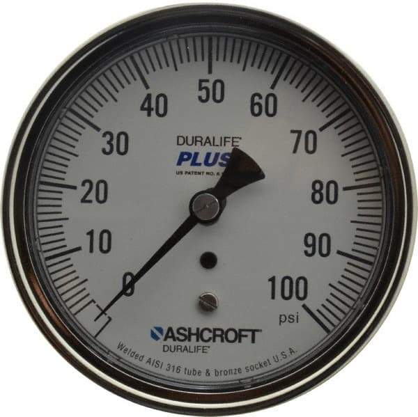 Ashcroft - 3-1/2" Dial, 1/4 Thread, 0-100 Scale Range, Pressure Gauge - Center Back Connection Mount, Accurate to 1% of Scale - Americas Industrial Supply