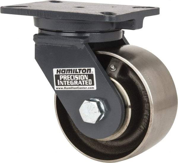Hamilton - 6" Diam x 3" Wide x 8" OAH Top Plate Mount Swivel Caster - Forged Steel, 3,500 Lb Capacity, Roller Bearing, 5-1/4 x 7-1/4" Plate - Americas Industrial Supply