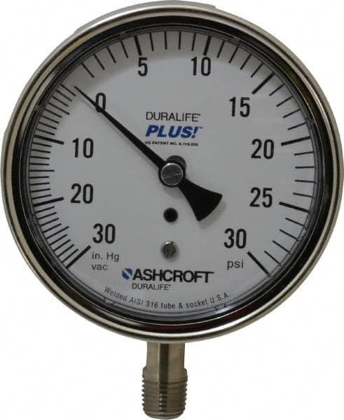 Ashcroft - 3-1/2" Dial, 1/4 Thread, 30-0-30 Scale Range, Pressure Gauge - Lower Connection Mount, Accurate to 1% of Scale - Americas Industrial Supply