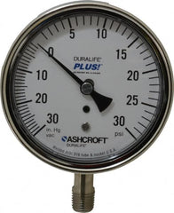 Ashcroft - 3-1/2" Dial, 1/4 Thread, 30-0-30 Scale Range, Pressure Gauge - Lower Connection Mount, Accurate to 1% of Scale - Americas Industrial Supply