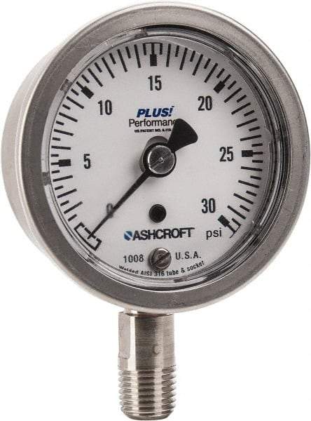 Ashcroft - 2-1/2" Dial, 1/4 Thread, 0-30 Scale Range, Pressure Gauge - Lower Connection Mount, Accurate to 3-2-3% of Scale - Americas Industrial Supply