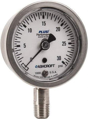 Ashcroft - 2-1/2" Dial, 1/4 Thread, 0-30 Scale Range, Pressure Gauge - Lower Connection Mount, Accurate to 3-2-3% of Scale - Americas Industrial Supply