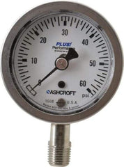 Ashcroft - 2-1/2" Dial, 1/4 Thread, 0-60 Scale Range, Pressure Gauge - Lower Connection Mount, Accurate to 3-2-3% of Scale - Americas Industrial Supply
