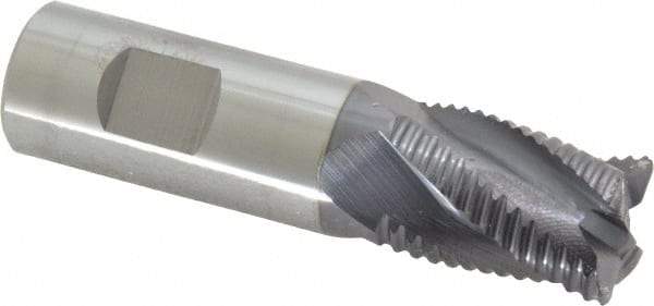 ProMax - 3/4" Diam, Coarse Pitch, 1" LOC, 4 Flute Solid Carbide 0.055-0.065" Corner Radius Roughing End Mill - AlTiN Finish, 3" OAL, 3/4" Shank Diam, Single End, Centercutting, 30° Helix - Americas Industrial Supply