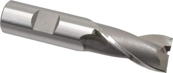 OSG - 20mm, 1-1/2" LOC, 3/4" Shank Diam, 3-3/4" OAL, 2 Flute, Cobalt Square End Mill - Single End, Uncoated, Spiral Flute, 30° Helix, Centercutting, Right Hand Cut, Right Hand Flute, Series 580 - Americas Industrial Supply