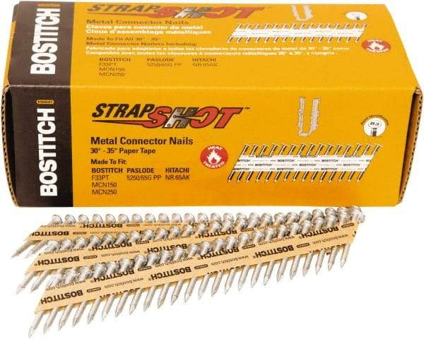 Stanley Bostitch - 16 Gauge 0.0598" Shank Diam 1-1/2" Long Metal Connecting Nails for Power Nailers - Steel, Bright Finish, Smooth Shank, Angled Stick Paper Tape Collation, Round Head - Americas Industrial Supply
