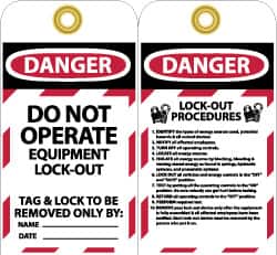 NMC - 3" High x 6" Long, DANGER - DO NOT OPERATE - EQUIPMENT LOCK-OUT - THIS TAG & LOCK TO BE REMOVED ONLY BY:, English Safety & Facility Lockout Tag - Tag Header: Danger, 2 Sides, Black, Red & White Unrippable Vinyl - Americas Industrial Supply