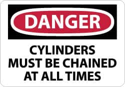 NMC - "Danger - Cylinders Must Be Chained at All Times", 10" Long x 14" Wide, Pressure-Sensitive Vinyl Safety Sign - Rectangle, 0.004" Thick, Use for Accident Prevention - Americas Industrial Supply