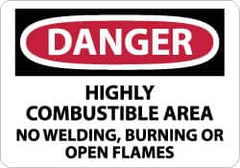 NMC - "Danger - Highly Combustible Area - No Welding, Burning or Open Flames", 7" Long x 10" Wide, Pressure-Sensitive Vinyl Safety Sign - Rectangle, 0.004" Thick, Use for Accident Prevention - Americas Industrial Supply