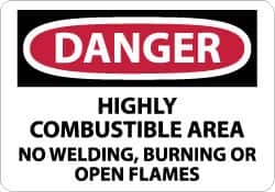 NMC - "Danger - Highly Combustible Area - No Welding, Burning or Open Flames", 10" Long x 14" Wide, Pressure-Sensitive Vinyl Safety Sign - Rectangle, 0.004" Thick, Use for Accident Prevention - Americas Industrial Supply