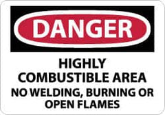 NMC - "Danger - Highly Combustible Area - No Welding, Burning or Open Flames", 10" Long x 14" Wide, Pressure-Sensitive Vinyl Safety Sign - Rectangle, 0.004" Thick, Use for Accident Prevention - Americas Industrial Supply