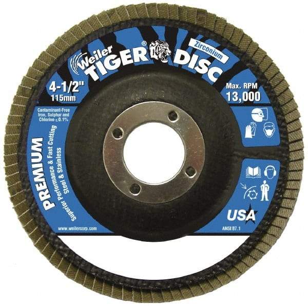 Weiler - 120 Grit, 4-1/2" Disc Diam, 7/8" Center Hole, Type 29 Zirconia Alumina Flap Disc - 13,000 Max RPM, Phenolic Backing, Arbor Attaching System, Coated - Americas Industrial Supply