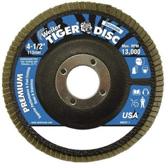 Weiler - 120 Grit, 4-1/2" Disc Diam, 7/8" Center Hole, Type 29 Zirconia Alumina Flap Disc - 13,000 Max RPM, Phenolic Backing, Arbor Attaching System, Coated - Americas Industrial Supply
