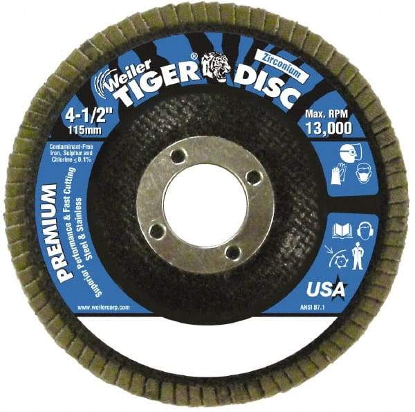 Weiler - 120 Grit, 4-1/2" Disc Diam, 7/8" Center Hole, Type 27 Zirconia Alumina Flap Disc - 13,000 Max RPM, Phenolic Backing, Arbor Attaching System, Coated - Americas Industrial Supply
