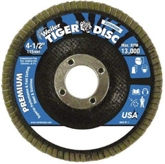 Weiler - 120 Grit, 4-1/2" Disc Diam, 7/8" Center Hole, Type 27 Zirconia Alumina Flap Disc - 13,000 Max RPM, Phenolic Backing, Arbor Attaching System, Coated - Americas Industrial Supply