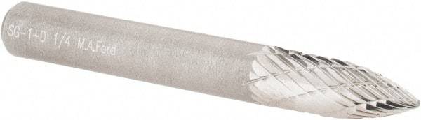 M.A. Ford - 1/4" Cut Diam, 1/4" Shank Diam, Tree Head Double Cut Burr - Carbide, Point End, 5/8" LOC, 2" OAL - Americas Industrial Supply