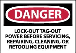 NMC - Accident Prevention Label, Header: DANGER - Legend: Danger - Lock Out, Tag-out Power Before Servicing, Repairing, Cleaning, or Retooling Equipment, English, Red, Black & White, 5" Long x 3" High, Sign Muscle Finish - Americas Industrial Supply