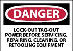 NMC - Accident Prevention Label, Header: DANGER - Legend: Danger - Lock Out, Tag-out Power Before Servicing, Repairing, Cleaning, or Retooling Equipment, English, Red, Black & White, 5" Long x 3" High, Sign Muscle Finish - Americas Industrial Supply