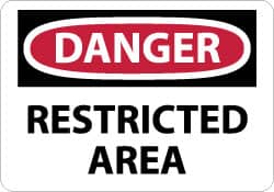 NMC - "Danger - Restricted Area", 10" Long x 14" Wide, Pressure-Sensitive Vinyl Safety Sign - Rectangle, 0.004" Thick, Use for Security & Admittance - Americas Industrial Supply
