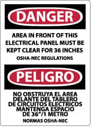 NMC - "Danger - Area in Front of This Electrical Panel Must Be Kept Clear for 36 Inches OSHA-NEC Regulations", 20" Long x 14" Wide, Pressure-Sensitive Vinyl Safety Sign - Rectangle, 0.004" Thick, Use for Accident Prevention - Americas Industrial Supply