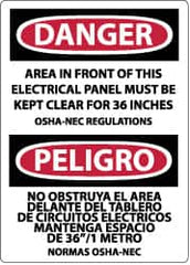 NMC - "Danger - Area in Front of This Electrical Panel Must Be Kept Clear for 36 Inches OSHA-NEC Regulations", 20" Long x 14" Wide, Pressure-Sensitive Vinyl Safety Sign - Rectangle, 0.004" Thick, Use for Accident Prevention - Americas Industrial Supply