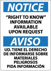 NMC - "Notice - Right to Know Information Available upon Request", 14" Long x 10" Wide, Rigid Plastic Safety Sign - Rectangle, 0.05" Thick, Use for Security & Admittance - Americas Industrial Supply