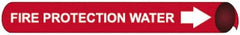 NMC - Pipe Marker with Fire Protection Water Legend and Arrow Graphic - 1-1/8 to 2-3/8" Pipe Outside Diam, White on Red - Americas Industrial Supply
