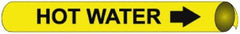 NMC - Pipe Marker with Hot Water Legend and Arrow Graphic - 3-3/8 to 4-1/2" Pipe Outside Diam, Black on Yellow - Americas Industrial Supply