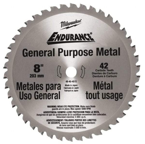 Milwaukee Tool - 8" Diam, 42 Tooth Wet & Dry Cut Saw Blade - Carbide-Tipped, Standard Round Arbor - Americas Industrial Supply