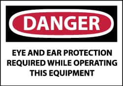 NMC - Accident Prevention Label, Header: DANGER - Legend: Danger - Eye and Ear Protection Required While Operating This Equipment, English, Red, Black & White, 5" Long x 3" High, Sign Muscle Finish - Americas Industrial Supply