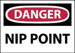 NMC - Accident Prevention Label, Header: DANGER - Legend: Danger - Nip Point, English, Red, Black & White, 5" Long x 3" High, Sign Muscle Finish - Americas Industrial Supply