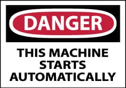 NMC - Accident Prevention Label, Header: DANGER - Legend: Danger - This Machine Starts Automatically, English, Red, Black & White, 5" Long x 3" High, Sign Muscle Finish - Americas Industrial Supply