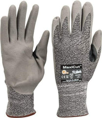 ATG - Size L (9), ANSI Cut Lvl A2, Abrasion Lvl 4, Nitrile Coated Cut Resistant Gloves - Palm & Fingers Coated, Nylon with Glass/Polyester/Lycra Lining, Knit Wrist, Gray/Green, Paired - Americas Industrial Supply