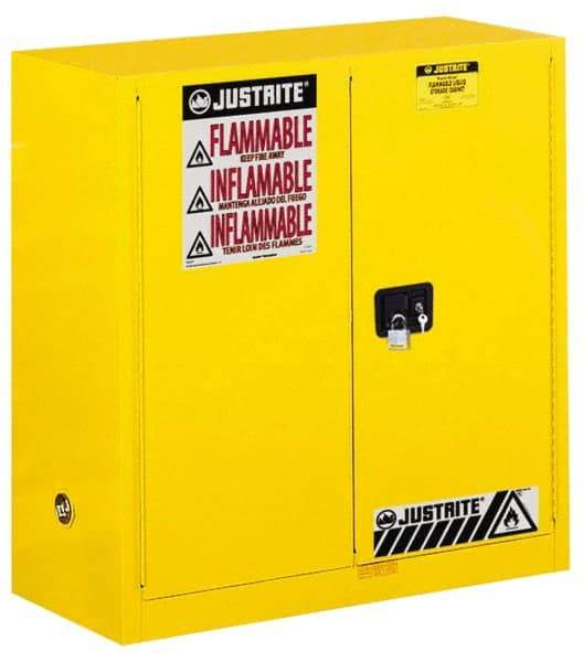 Justrite - 2 Door, 1 Shelf, Yellow Steel Standard Safety Cabinet for Flammable and Combustible Liquids - 44" High x 43" Wide x 18" Deep, Manual Closing Door, 3 Point Key Lock, 30 Gal Capacity - Americas Industrial Supply