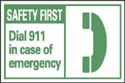 NMC - First Aid Label, Header: SAFETY FIRST - Legend: Safety First - Dial 911 in Case of Emergency, English, Green & White, 5" Long x 3" High, Sign Muscle Finish - Americas Industrial Supply