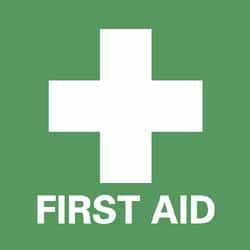 NMC - First Aid Label - Legend: First Aid, English, Green & White, 4" Long x 4" High, Sign Muscle Finish - Americas Industrial Supply