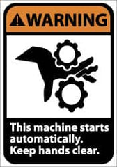 NMC - Accident Prevention Label, Header: WARNING - Legend: Warning - This Machine Starts Automatically - Keep Hands Clear, English, Black & Orange, 5" Long x 3" High, Sign Muscle Finish - Americas Industrial Supply