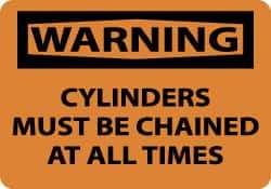 NMC - Accident Prevention Label, Header: WARNING - Legend: Warning - Cylinders Must Be Chained at All Times, English, Black & Orange, 5" Long x 3" High, Sign Muscle Finish - Americas Industrial Supply