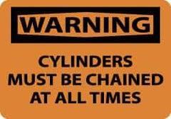 NMC - Accident Prevention Label, Header: WARNING - Legend: Warning - Cylinders Must Be Chained at All Times, English, Black & Orange, 5" Long x 3" High, Sign Muscle Finish - Americas Industrial Supply