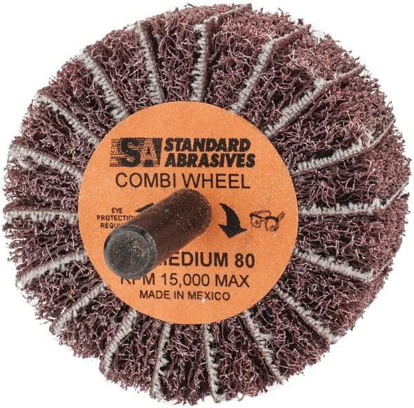 Standard Abrasives - 2" Diam x 1" Face Width, Medium Aluminum Oxide Coated Mounted Flap Wheel - 1/4" Shank Mount, 80 Grit, 15,000 Max RPM - Americas Industrial Supply