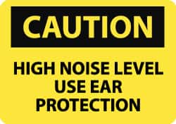 NMC - Accident Prevention Label, Header: CAUTION - Legend: Caution - High Noise Level - Use Ear Protection, English, Black & Yellow, 5" Long x 3" High, Sign Muscle Finish - Americas Industrial Supply