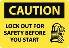 NMC - "Caution - Lock Out for Safety Before You Start", 10" Long x 14" Wide, Pressure-Sensitive Vinyl Safety Sign - Rectangle, 0.004" Thick, Use for Accident Prevention - Americas Industrial Supply