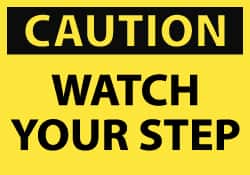 NMC - Accident Prevention Label, Header: CAUTION - Legend: Caution - Watch Your Step, English, Black & Yellow, 5" Long x 3" High, Sign Muscle Finish - Americas Industrial Supply