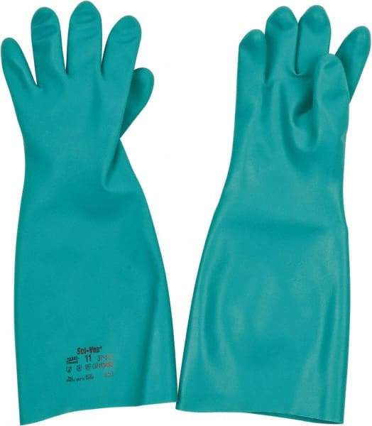 Ansell - Size 2XL (11), 18" Long, 22 mil Thick, Nitrile Chemical Resistant Gloves - Textured Finish, Straight Cuff, ANSI Abrasion Level 5, ANSI Cut Level 0, Green, FDA Approved - Americas Industrial Supply
