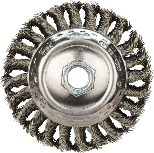 Milwaukee Tool - 4" OD, 5/8" Arbor Hole, Knotted Stainless Steel Wheel Brush - 3/8" Face Width, 3/4" Trim Length, 0.023" Filament Diam, 12,000 RPM - Americas Industrial Supply