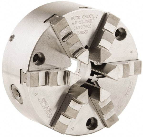 Buck Chuck Company - 6 Jaws, 8" Diam, Self Centering Manual Lathe Chuck - Front Mount, Adjustable, 3,000 Max RPM, 2.37" Through Hole Diam, Forged Steel - Americas Industrial Supply
