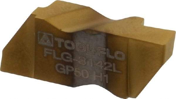 Tool-Flo - 3142FLG Grade GP50, 3.61mm Cutting Width Carbide Grooving Insert - 4.57mm Max Depth of Cut, Left Hand, 0.005 to 0.01" Corner Radius, TiN Finish - Americas Industrial Supply